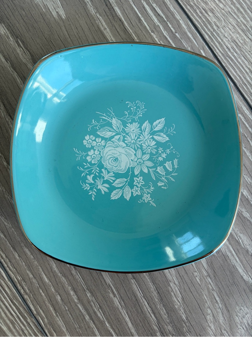 Turquoise Ceramic Floral Dinner Plate with Gold Rim 14cm
